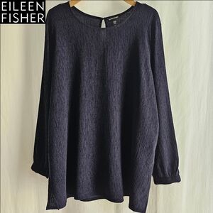 Eileen Fisher Navy Blue Crepe Crinkle Gauze Tencel Blouse